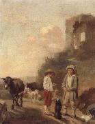 A landscape with young boys tending their animals before a set of ruins unknow artist